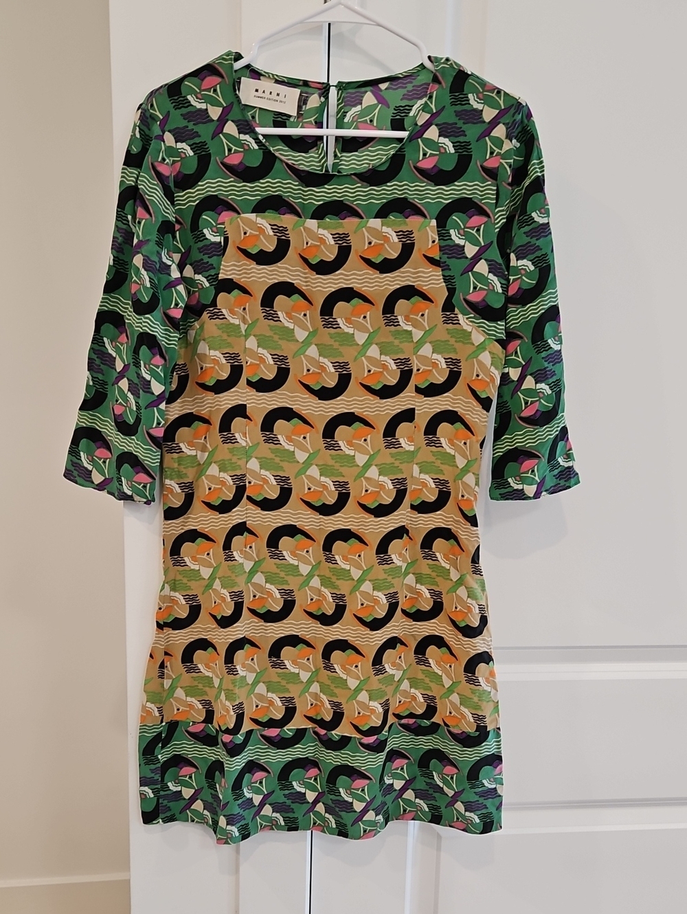 Marni Green and Tan Patterned Long-Sleeve Shift Dress